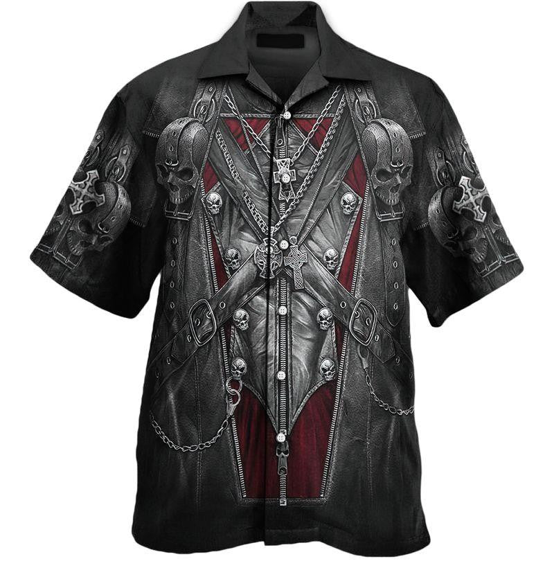 Skull Strapped All Over Silver Pattern Hawaiian Shirt,Hawaiian Shirt Gift, Christmas Gift