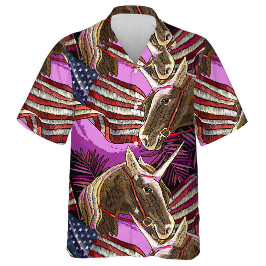 Unicorn Girly Brown Le Patrún Bróidnéireachta Bratach Mheiriceá Léine Haváís, Bronntanas Léine Haváís, Bronntanas Nollag