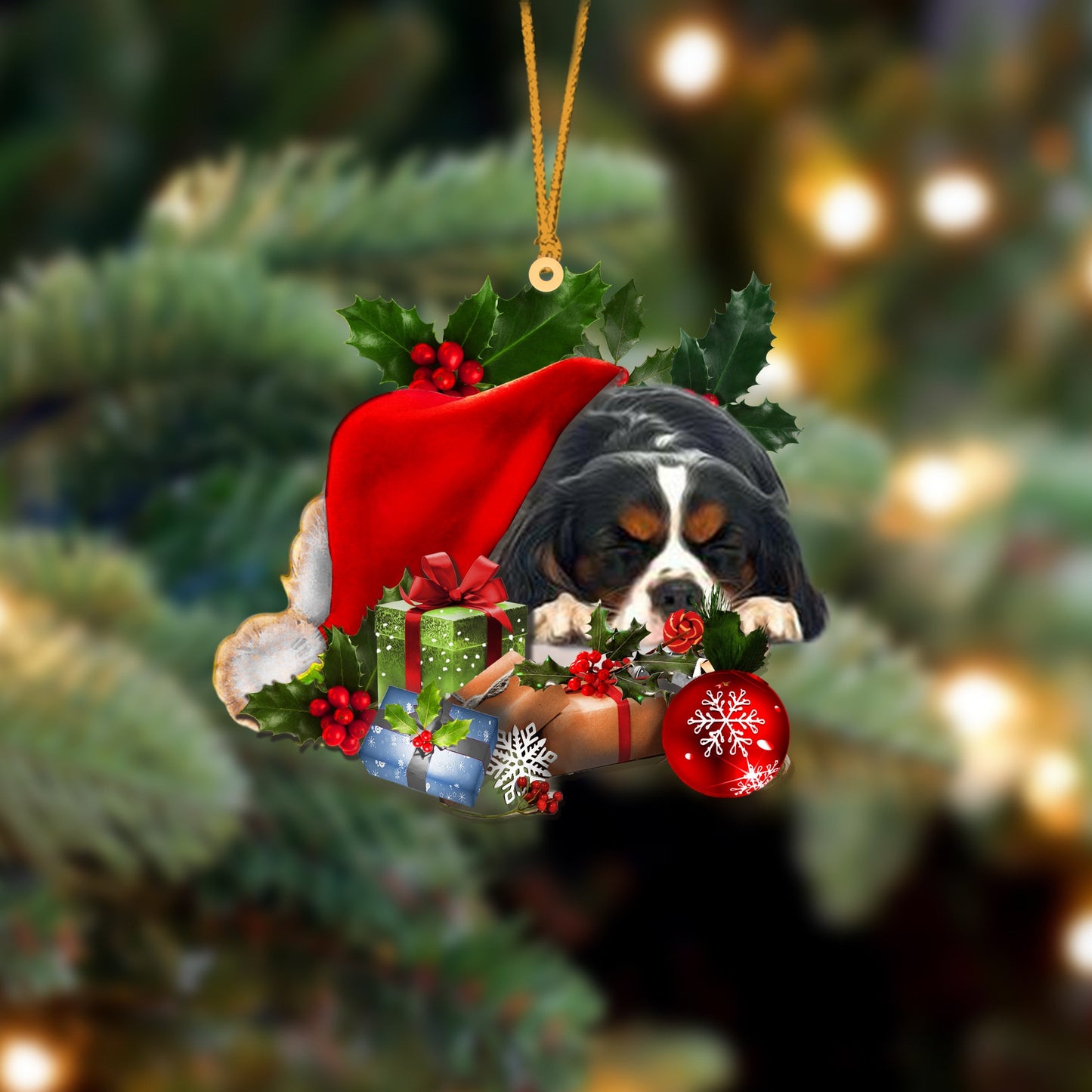 Cavalier King Charles Spaniel-Sleeping In Hat Two Sides Christmas Plastic Hanging Ornament, Happy Christmas Ornament, Christmas Gift, Christmas Decoration