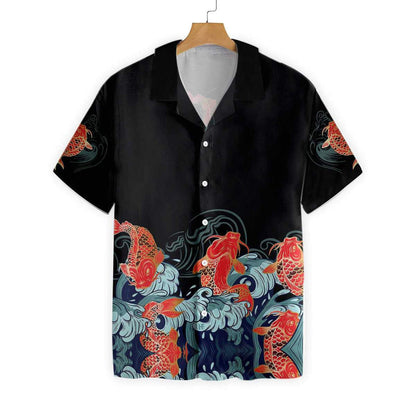 Golden Koi Fish On Black Background Hawaiian Shirt,Hawaiian Shirt Gift, Christmas Gift