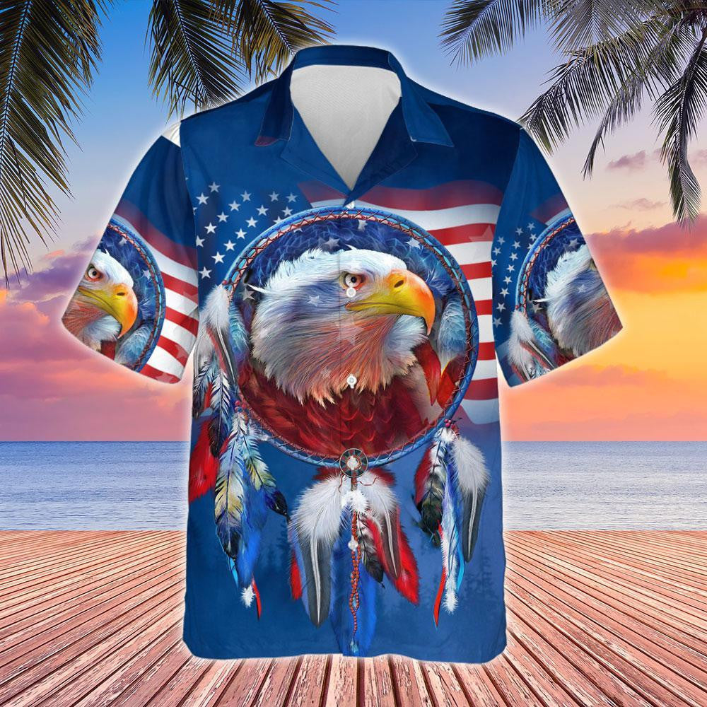 Medium Blue Design Hawaiian Shirt American Eagle Dreamcatcher,Hawaiian Shirt Gift, Christmas Gift