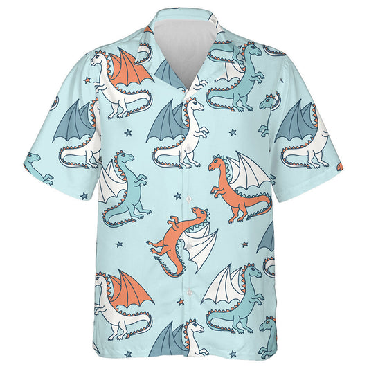Cute Cartoon Dragons And Stars On Light Hawaiian Shirt, Hawaiian Shirt Gift, Christmas Gift