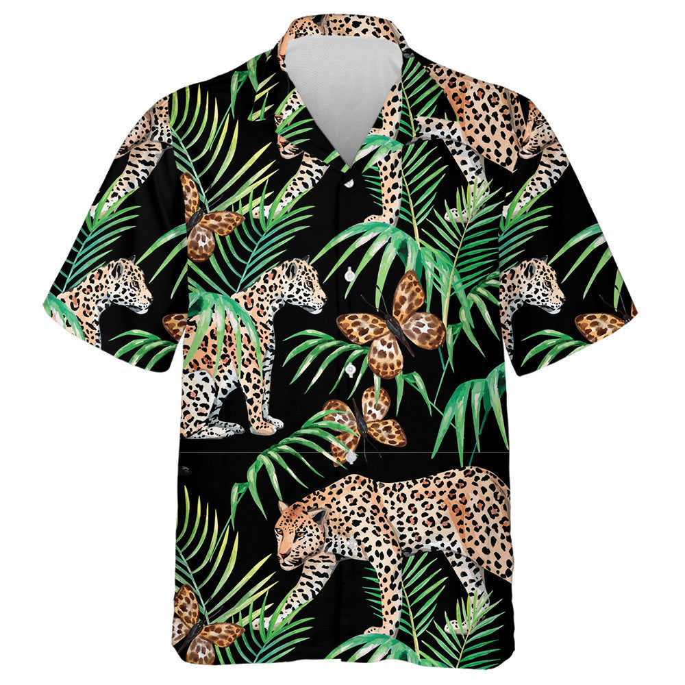 Leopard With Butterfly And Palm Tropical Watercolor Hawaiian Shirt, Hawaiian Shirt Gift, Christmas Gift