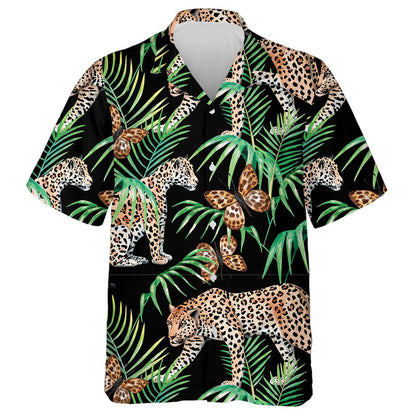 Leopard With Butterfly And Palm Tropical Watercolor Hawaiian Shirt, Hawaiian Shirt Gift, Christmas Gift