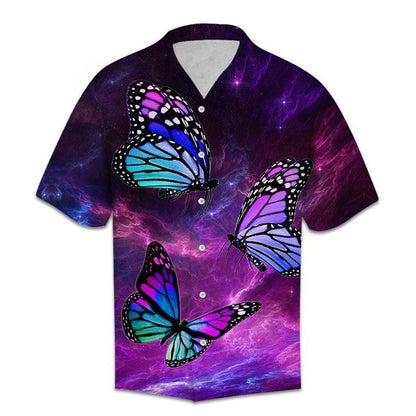 Vivid Watercolor Colored Butterfly Purple Sky Themed Pattern Hawaiian Shirt, Hawaiian Shirt Gift, Christmas Gift