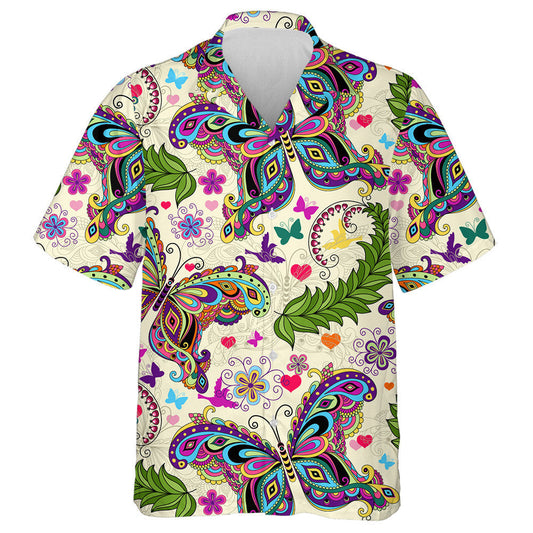 Colorful Vintage Butterfly Flowers And Hearts Hawaiian Shirt,Hawaiian Shirt Gift, Christmas Gift