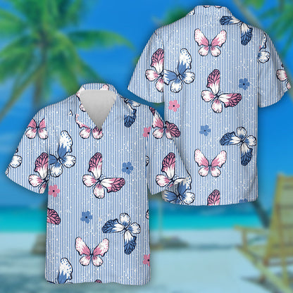Theme Butterfly And Flowers On Blue Stripes Hawaiian Shirt, Hawaiian Shirt Gift, Christmas Gift