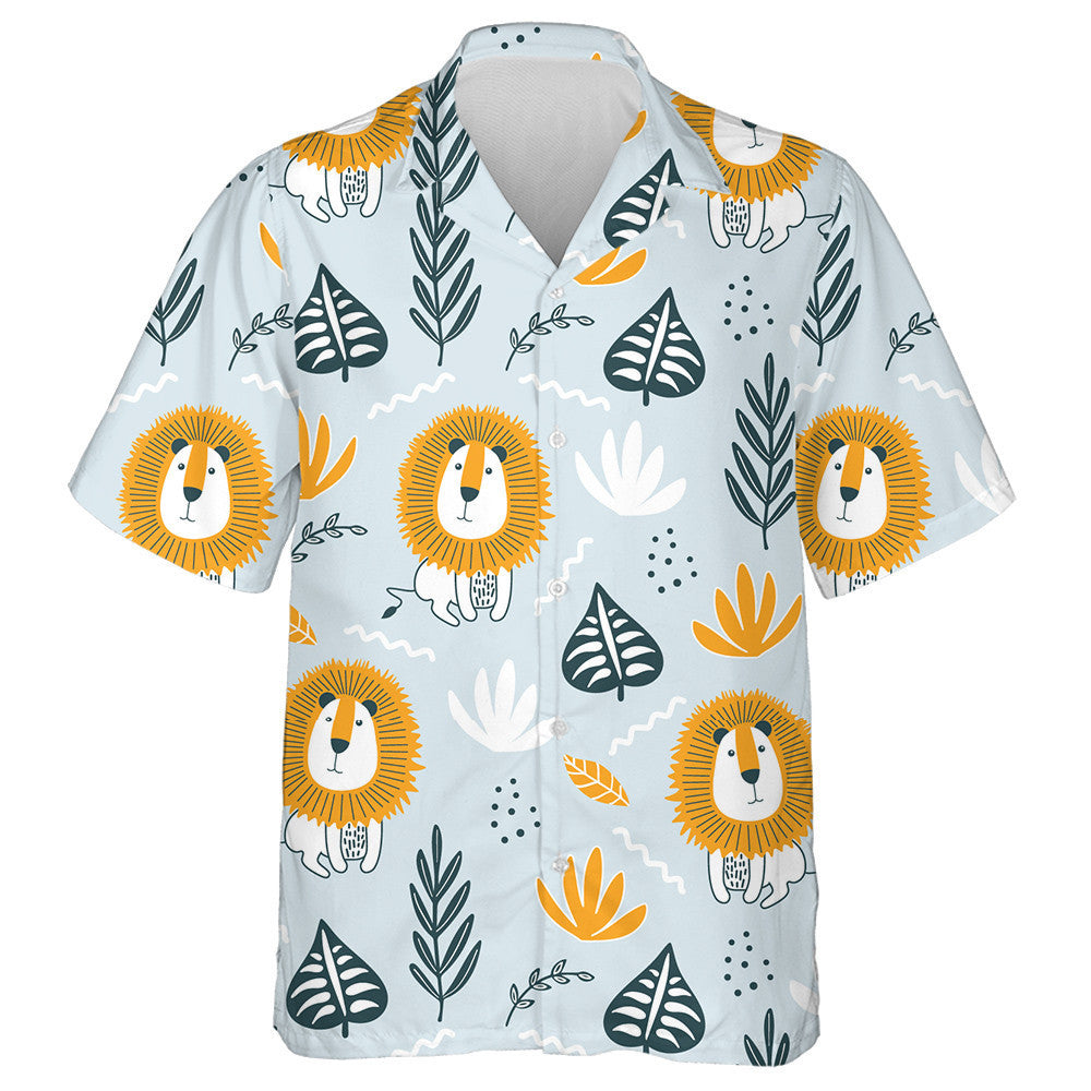 Funny Lion And Leaves On Blue Background Hawaiian Shirt, Hawaiian Shirt Gift, Christmas Gift