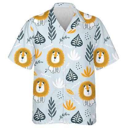 Funny Lion And Leaves On Blue Background Hawaiian Shirt, Hawaiian Shirt Gift, Christmas Gift