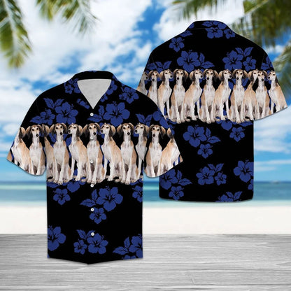 Saluki Dogs With Blue Hibiscus In Black Hawaiian Shirt,Hawaiian Shirt Gift, Christmas Gift