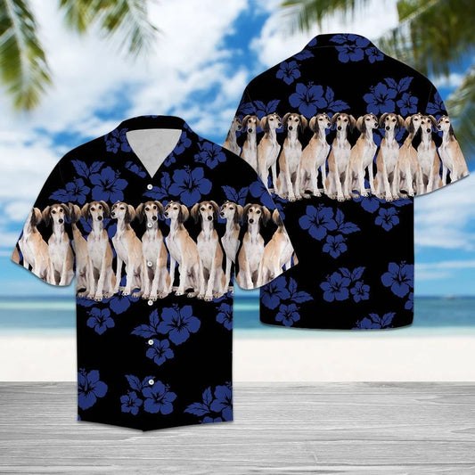 Saluki Dogs With Blue Hibiscus In Black Hawaiian Shirt,Hawaiian Shirt Gift, Christmas Gift