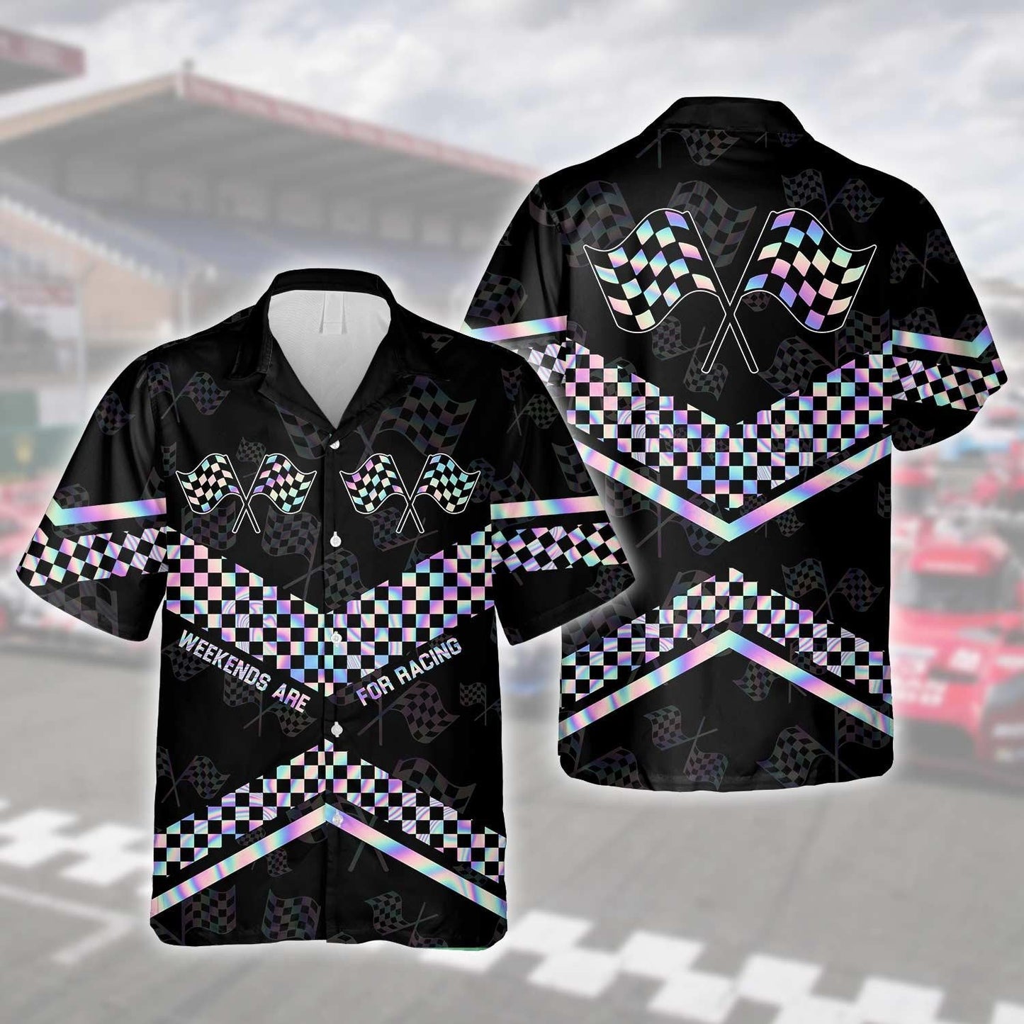 Hologram Checkered Flag Weekends Are For Racing Hawaiian Shirt, Hawaiian Shirt Gift, Christmas Gift
