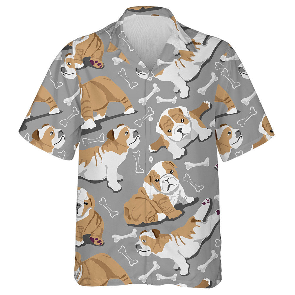 Cute Bulldog Puppies With Bones On Gray Hawaiian Shirt, Hawaiian Shirt Gift, Christmas Gift