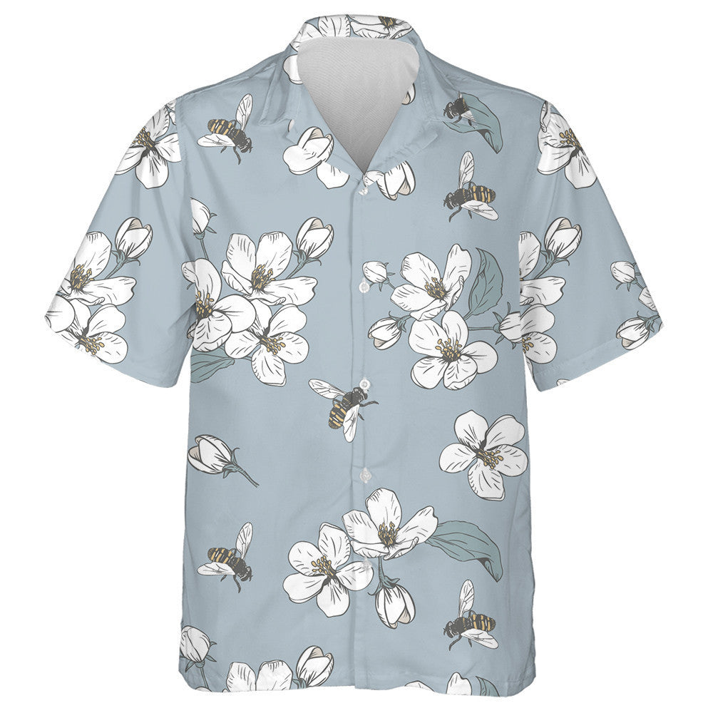 Cartoon Doodle White Cherry Blossoms And Bees Hawaiian Shirt, Hawaiian Shirt Gift, Christmas Gift