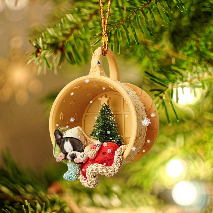Boston Terrier Sleeping in a tiny cup Christmas Holiday-Two Sided Christmas Plastic Hanging Ornament, Christmas Ornament Gift, Christmas Gift, Christmas Decoration
