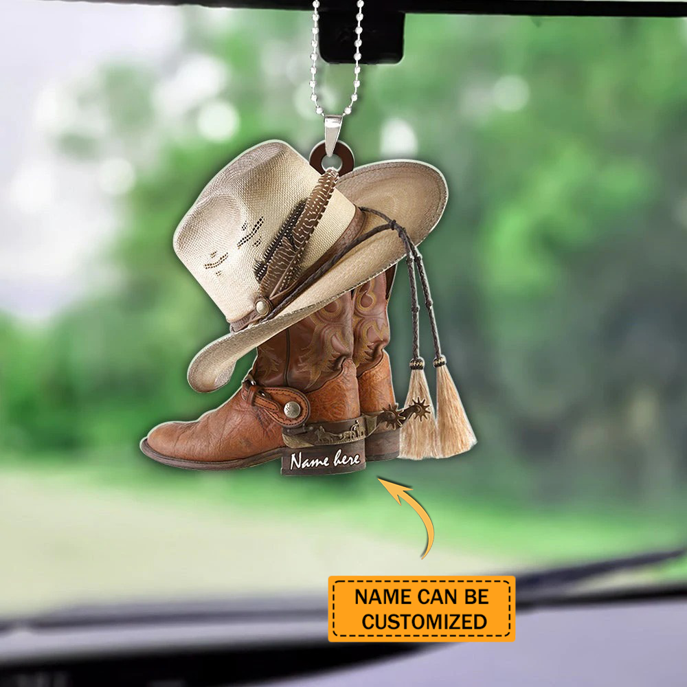 Personalized Boots And Hat Cowboy Flat Acrylic Ornament, Cowboy Car Interior Mirror Hanging Ornament, Christmas Decoration