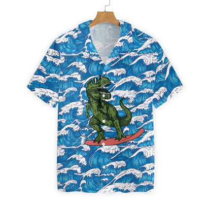 Surfing T-Rex Dinosaur Beautiful Waves Pattern Hawaiian Shirt, Hawaiian Shirt Gift, Christmas Gift