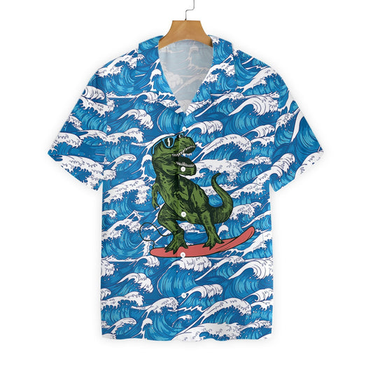 Surfing T-Rex Dinosaur Beautiful Waves Pattern Hawaiian Shirt, Hawaiian Shirt Gift, Christmas Gift