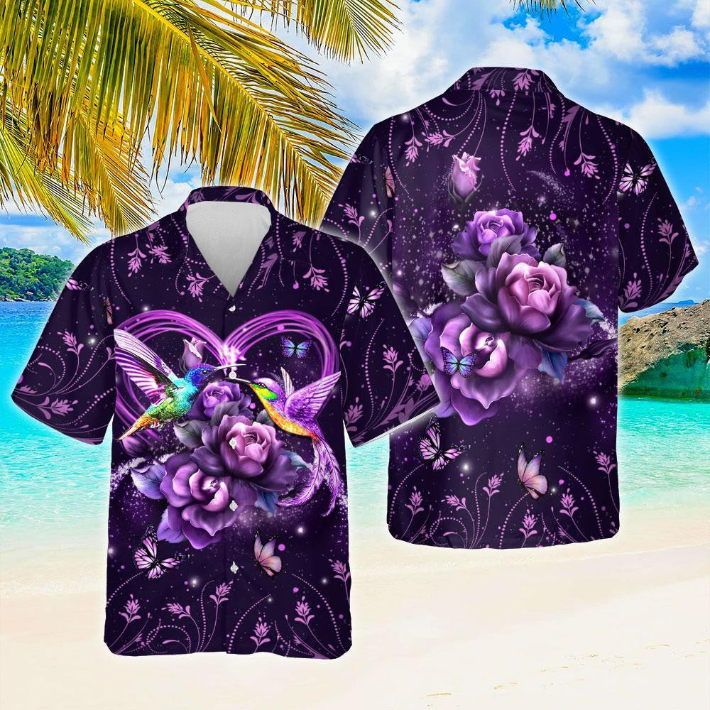 Bird Species Flying Hummingbird Roses Design Hawaiian Shirt, Hawaiian For Gift