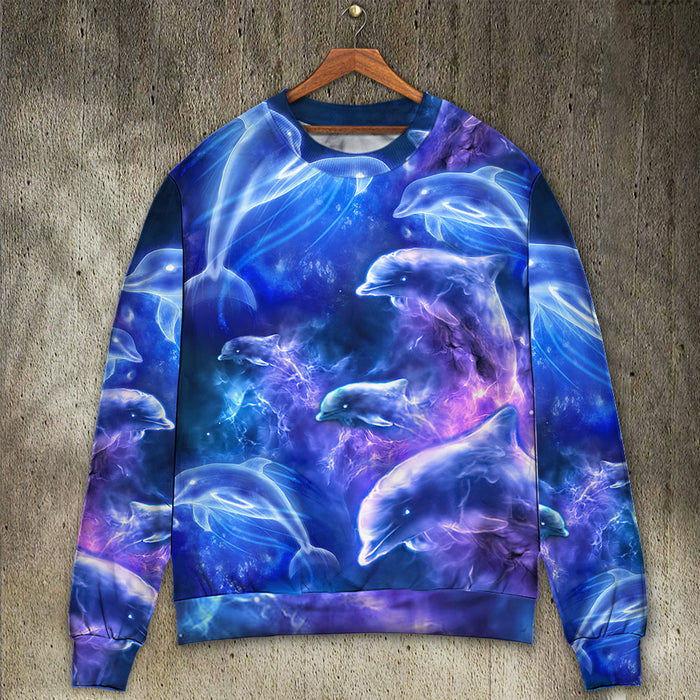 Dolphin Galaxy Neon Glow Style Ugly Christmas Sweater, Christmas Gift, Gift Christmas 2024