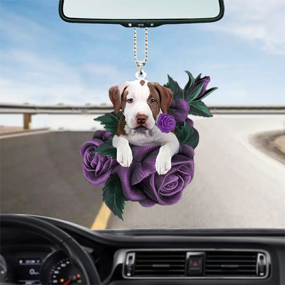 Pit Bull In Purple Rose Car Hanging Ornament, Dog Hanging Ornament For Auto, Christmas Decoration