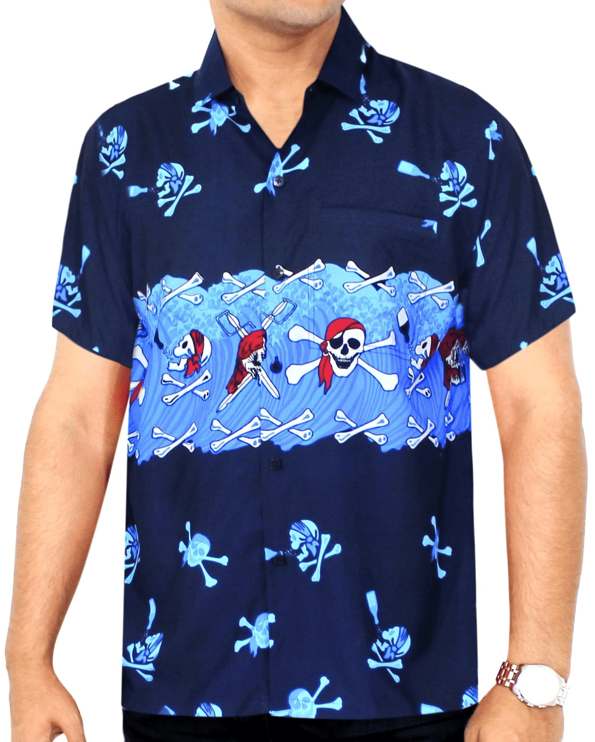 Pirate Skull And Crossbones On Deep Blue Hawaiian Shirt,Hawaiian Shirt Gift, Christmas Gift