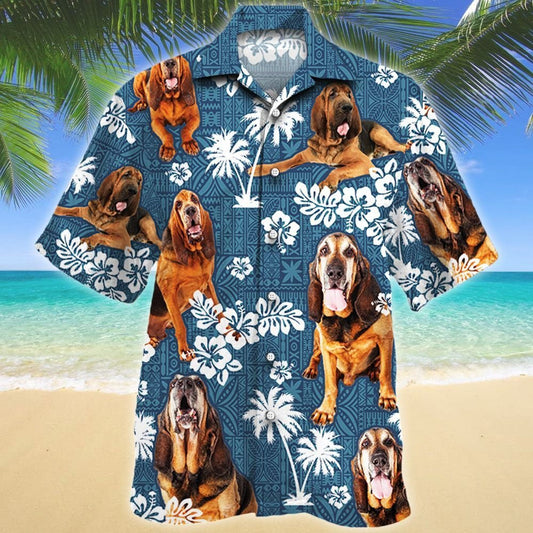 Tongue Out Bloodhound Dog Blue Tribal Pattern Hawaiian Shirt, Hawaiian Shirt Gift, Christmas Gift