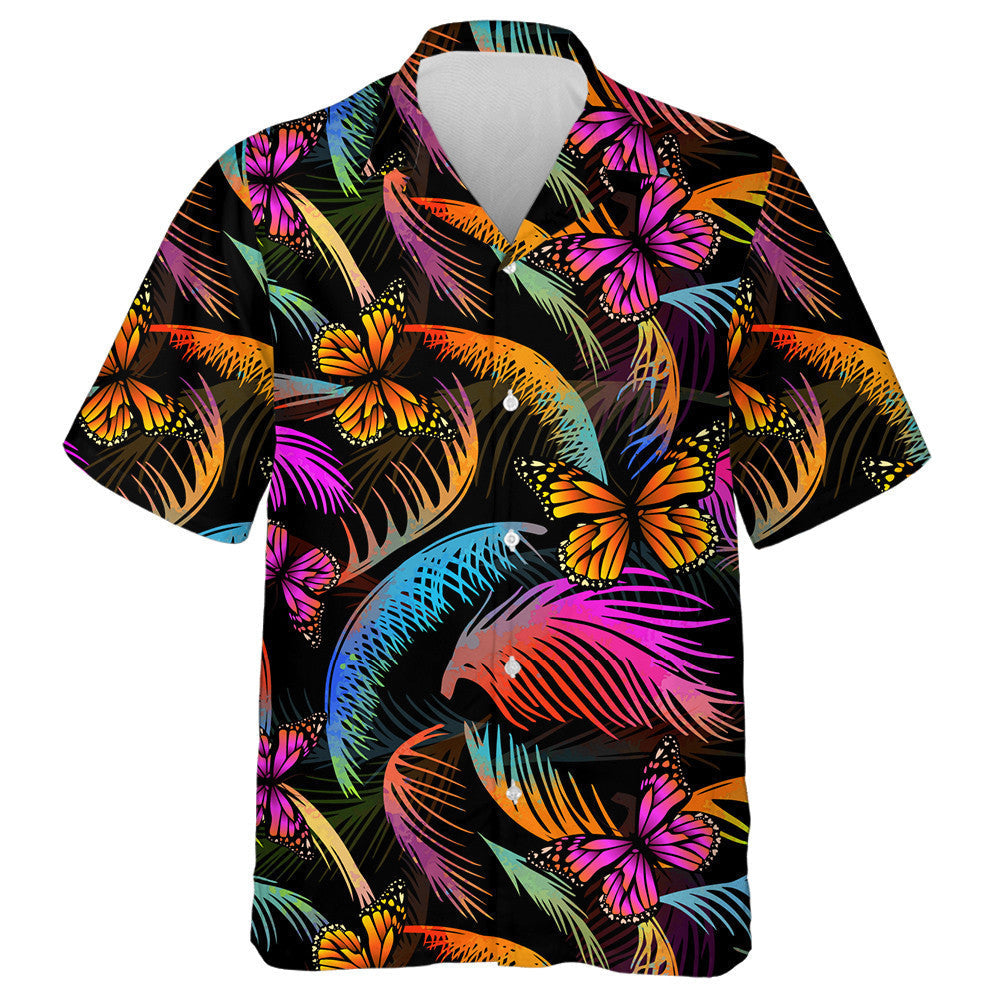 Spring Theme Multicolored Palm Leaves With Butterflies Hawaiian Shirt, Hawaiian Shirt Gift, Christmas Gift