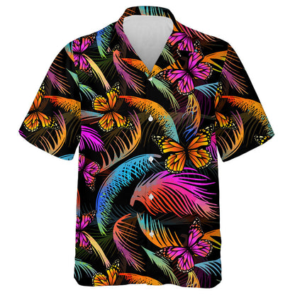 Spring Theme Multicolored Palm Leaves With Butterflies Hawaiian Shirt, Hawaiian Shirt Gift, Christmas Gift