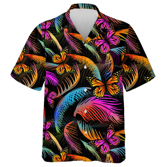 Spring Theme Multicolored Palm Leaves With Butterflies Hawaiian Shirt, Hawaiian Shirt Gift, Christmas Gift