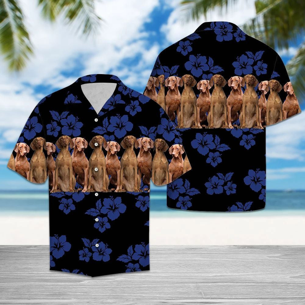 Blue Hibiscus With Vizsla Dogs In Black Hawaiian Shirt, Hawaiian Shirt Gift, Christmas Gift