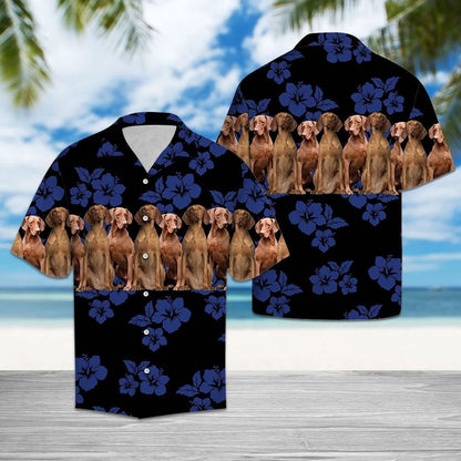Blue Hibiscus With Vizsla Dogs In Black Hawaiian Shirt, Hawaiian Shirt Gift, Christmas Gift