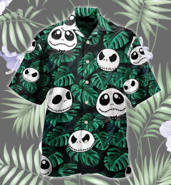 Patrún Greannmhar Jack Skellington le Duilleoga Glasa Tropacha Léine Haváís, Bronntanas Léine Haváíais, Bronntanas Nollag