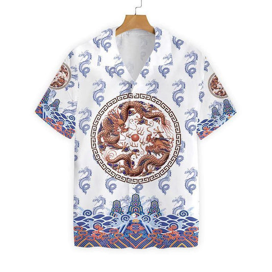 Chinoiserie Dragon White Artistic Background Design Hawaiian Shirt,Hawaiian Shirt Gift, Christmas Gift