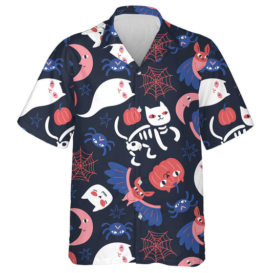 Cats And Ghosts On Navy Blue Background Hawaiian Shirt, Hawaiian Shirt Gift, Christmas Gift