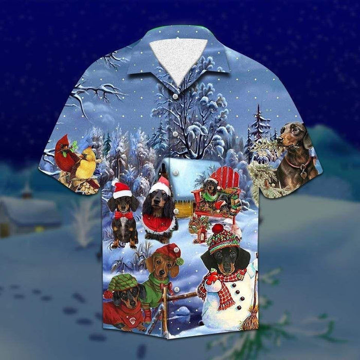 Dachshunds Through The Snow Christmas Night Vintage Style Design Hawaiian Shirt, Hawaiian Shirt Gift, Christmas Gift.