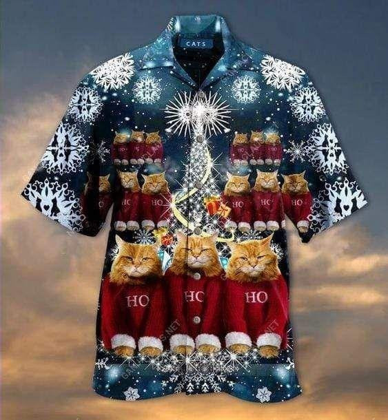 Christmas Cat Ho Ho Ho Vintage Style Design Hawaiian Shirt, Hawaiian Shirt Gift, Christmas Gift.