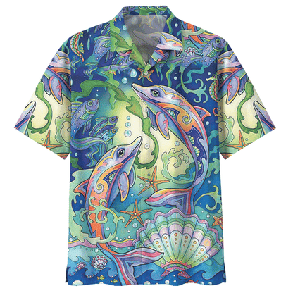 Cute Dolphin Dancing Under The Ocean Hawaiian Shirt,Hawaiian Shirt Gift, Christmas Gift