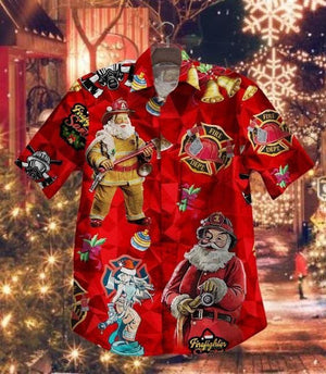 Firefighter Santa On Christmas Background Vintage Style Design Hawaiian Shirt, Hawaiian Shirt Gift, Christmas Gift