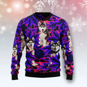 Siberian Husky Leaves unisex womens & mens, couples matching, friends, funny family ugly christmas holiday sweater gifts,Christmas Ugly Sweater