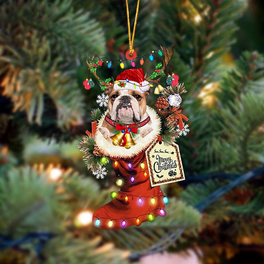BROWN English Bulldog-Xmas Boot-Two Sided Christmas Plastic Hanging Ornament, Happy Christmas Ornament, Christmas Gift, Christmas Decoration