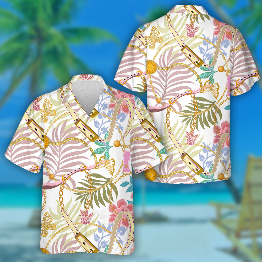 Theme Golden Butterflies Chains And Palm Leaves Hawaiian Shirt, Hawaiian Shirt Gift, Christmas Gift