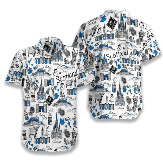 I Love Scotland Doodle Pattern Hawaiian Shirt, Hawaiian For Gift