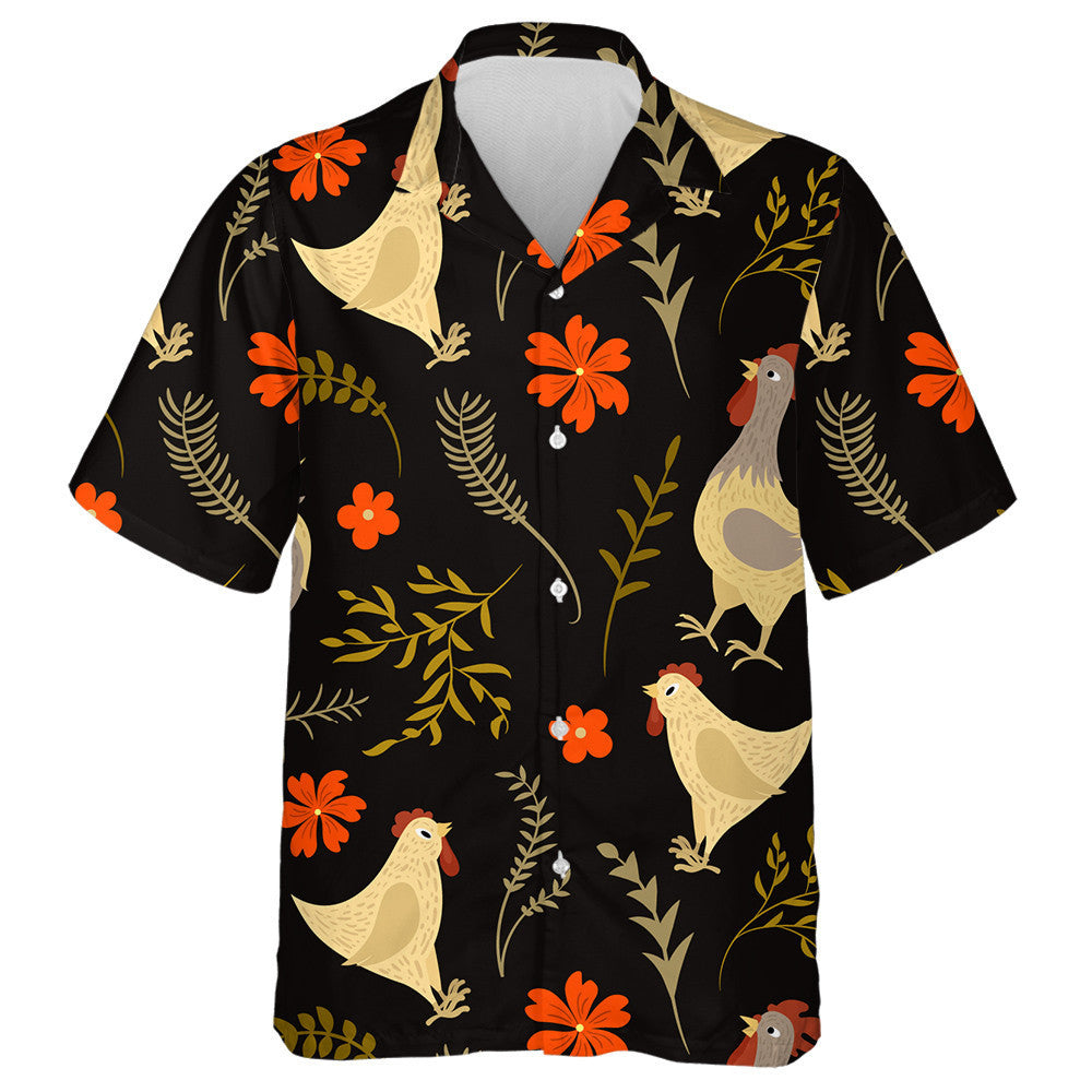 Funny Chicken And Cock With Tropical Plant Hawaiian Shirt,, Hawaiian Shirt Gift, Christmas Gift