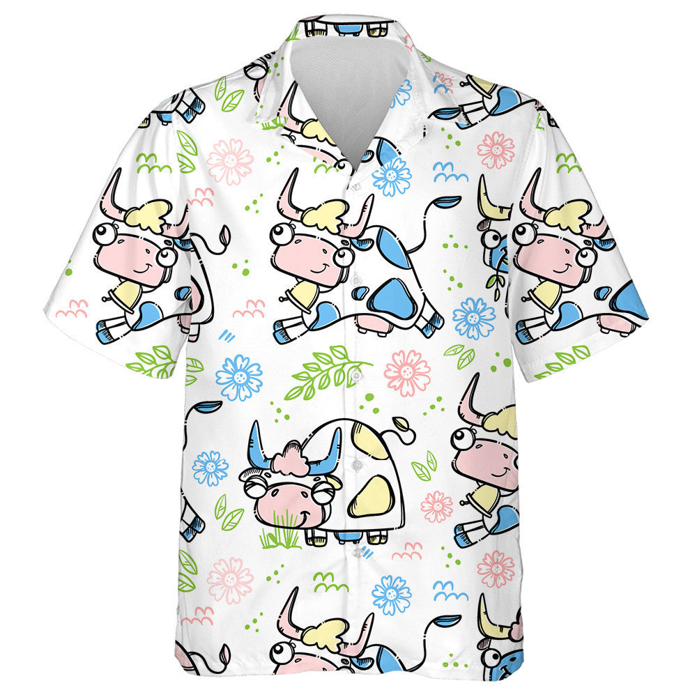 Silhouettes Of Cows And Flowers On White Hawaiian Shirt,Hawaiian Shirt Gift, Christmas Gift