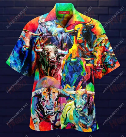 Colorful Bulls Short Sleeve Shirt Ocean Aloha Shirt Best Hawaiian Shirts Hawaiian Shirts For Women, Hwaiian For Gift
