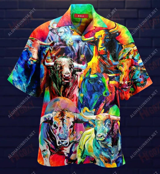 Colorful Bulls Short Sleeve Shirt Ocean Aloha Shirt Best Hawaiian Shirts Hawaiian Shirts For Women, Hwaiian For Gift