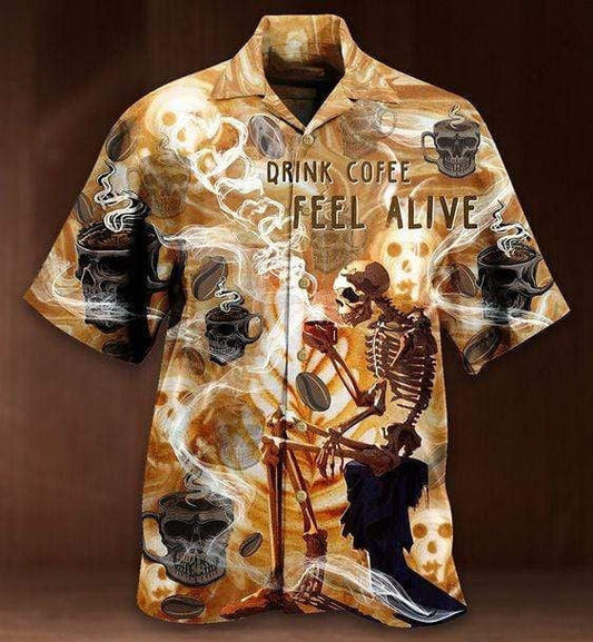 Halloween Skull Drink Coffee Feel Alive Background Hawaiian Shirt, Hawaiian Shirt Gift, Christmas Gift