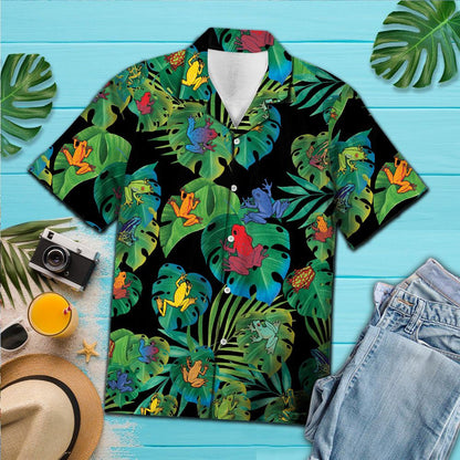 Colorful Frog On Tropical Leaves In Black Hawaiian Shirt, Hawaiian Shirt Gift, Christmas Gift