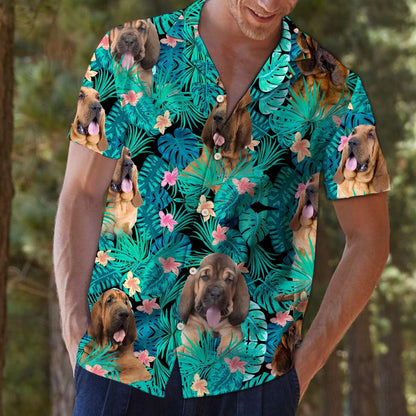 Bloodhound Among Hibiscus Flowers And Leaves Hawaiian Shirt, Hawaiian For Gift
